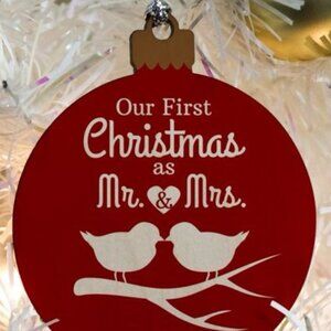 OUR FIRST CHRISTMAS MR AND MRS 2020 KISSING BIRDS WOOD RED